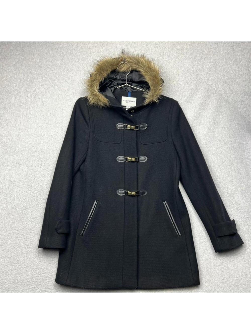 Cole Haan Signature Black Duffle Coat 2 Wool Faux Fur Hood Gold Toggle Preppy